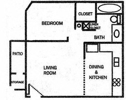 Floor plan for 1 bed, 1 bath, 608 sqft
